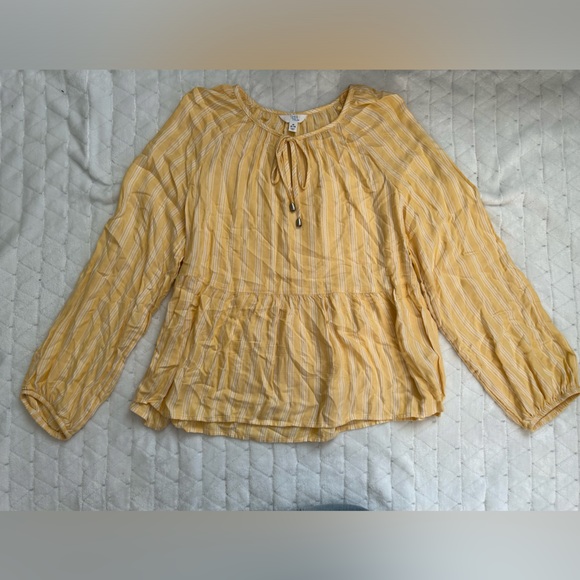 Time and True Yellow & White Striped Top with Tie Detail & Bell Sleeves Size Med - Picture 3 of 8
